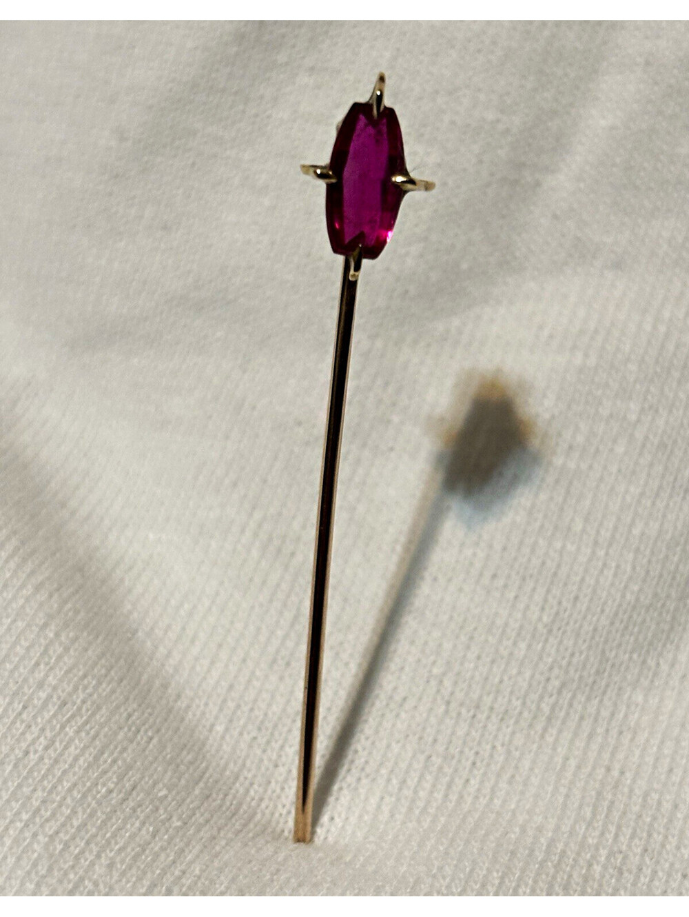 10K Antique Hatpin Stick Pin w/ Marquise-Cut Faceted Red Stone